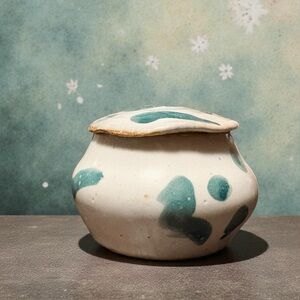 Pottery Trinket Box Lidded Jar Unique Blue Teal Drip Glaze Studio Artisan Signed